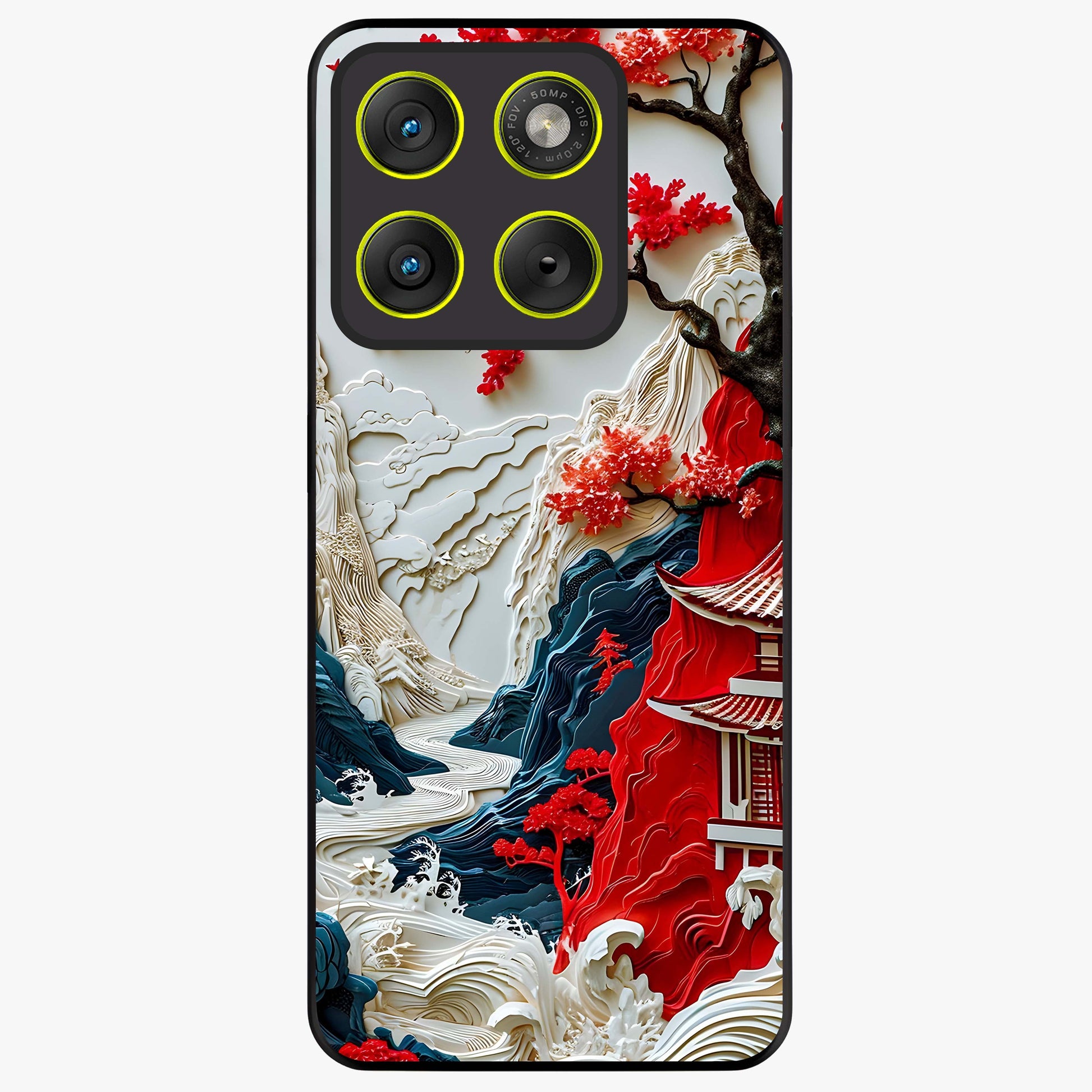 Whispers Of Sakura Waves Glass Case showing flat back view with cherry blossom wave artwork and glossy glass finish.