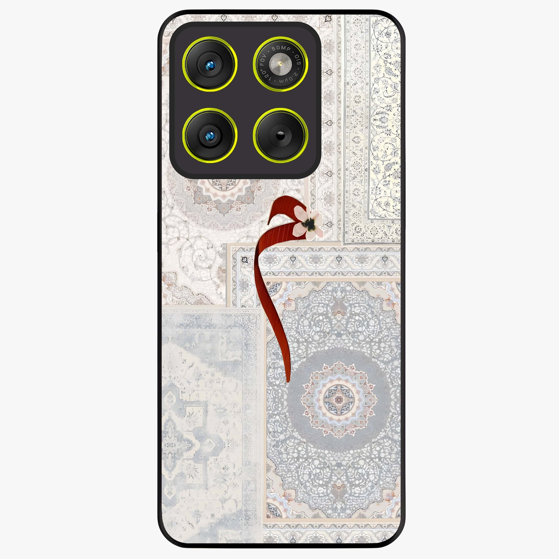 White Aesthetic Bow Glass Case showing flat back view with minimal bow artwork and glossy glass finish.
