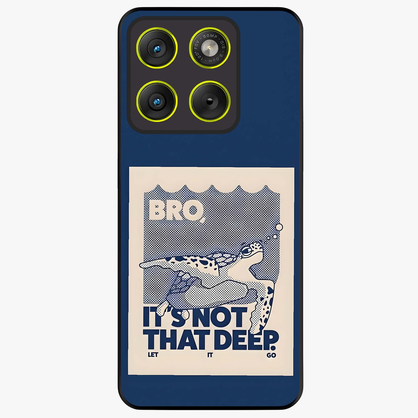Worry Less Swim Glass Case showing flat back view with playful motivational artwork and glossy glass finish.