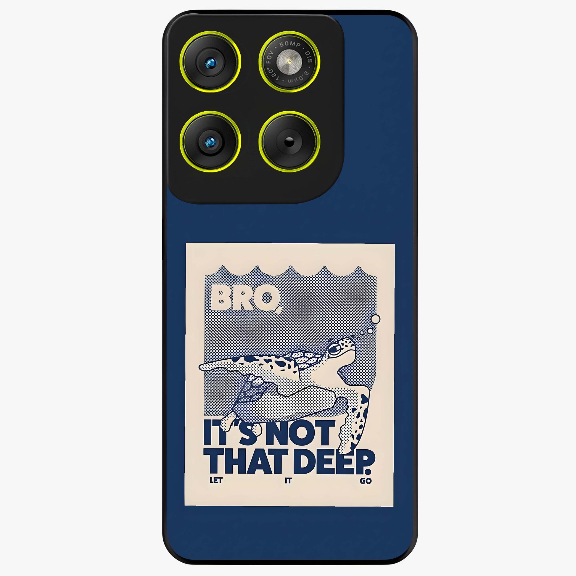 Worry Less Swim Glass Case showing flat back view with playful motivational artwork and glossy glass finish.