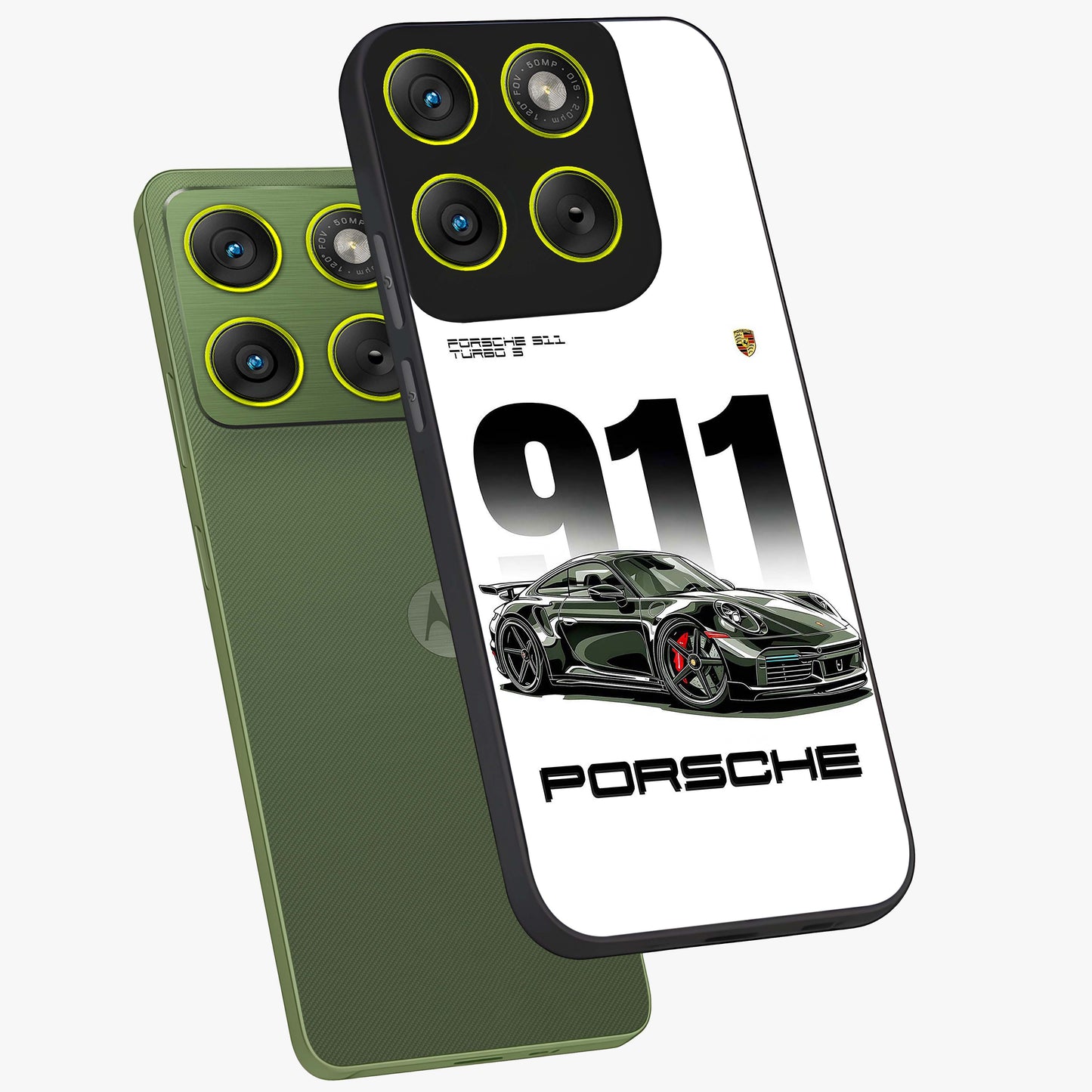 911 Turbo Dominance Glass Case displayed in premium angled mockup highlighting sporty car illustration and sleek glass surface.