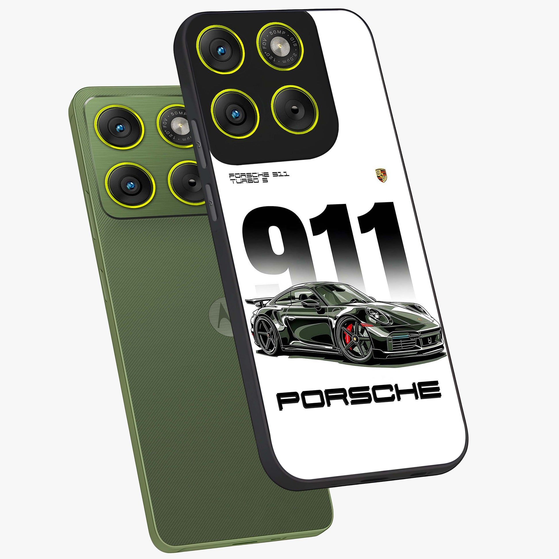 911 Turbo Dominance Glass Case displayed in premium angled mockup highlighting sporty car illustration and sleek glass surface.