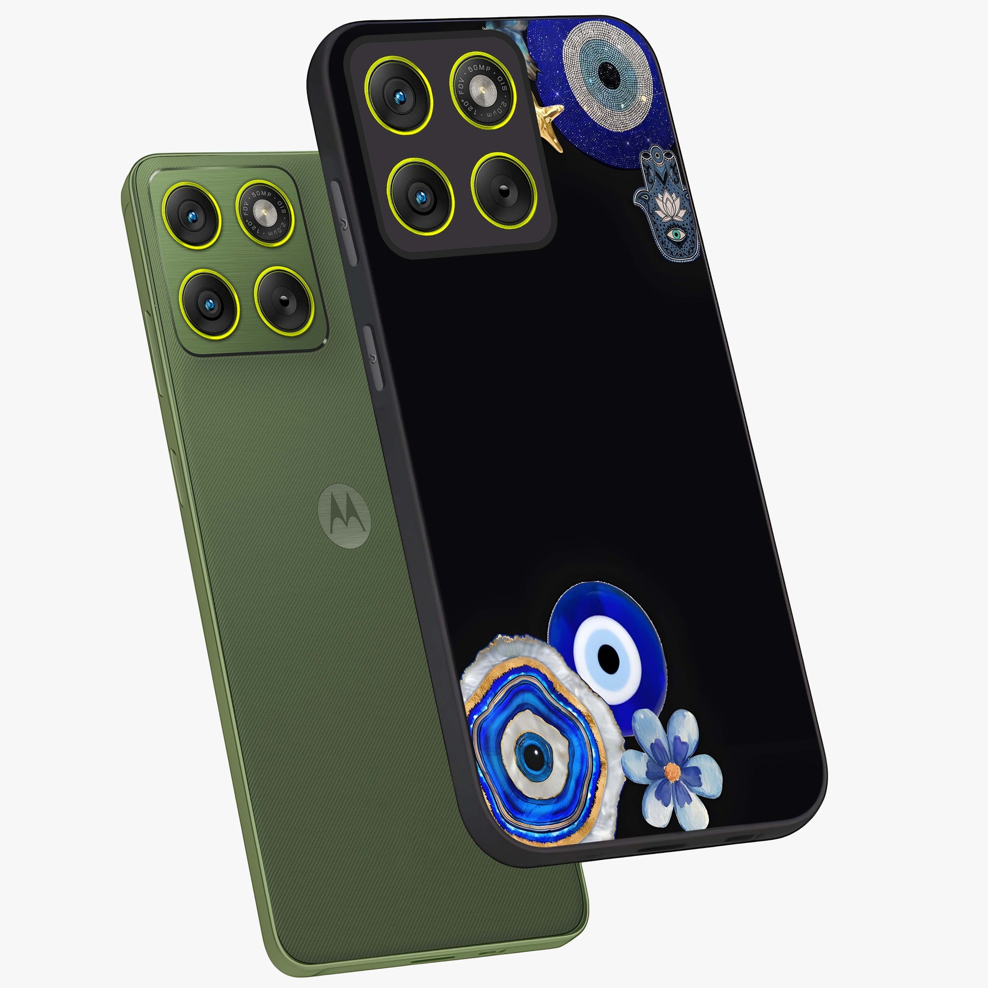 Aesthetic Blue Evil Eye Glass Case displayed in angled mockup highlighting blue evil eye symbol and spiritual aesthetic design.