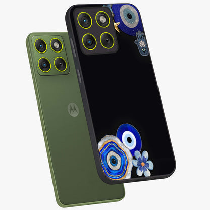 Aesthetic Blue Evil Eye Glass Case displayed in angled mockup highlighting blue evil eye symbol and spiritual aesthetic design.