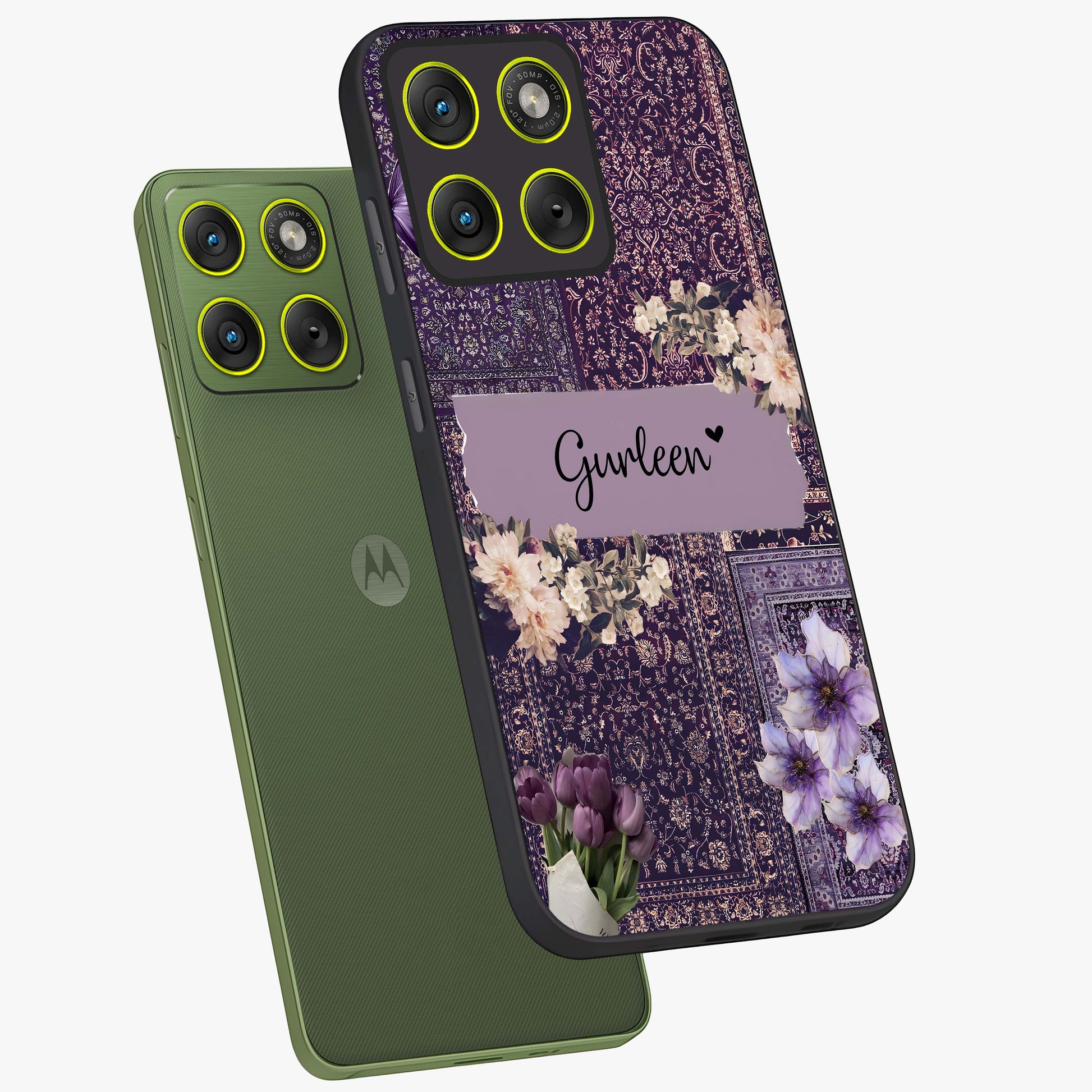 Antique Floral Whisper Custom Name Glass Case displayed in angled mockup highlighting elegant antique floral aesthetic.