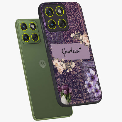 Antique Floral Whisper Custom Name Glass Case displayed in angled mockup highlighting elegant antique floral aesthetic.