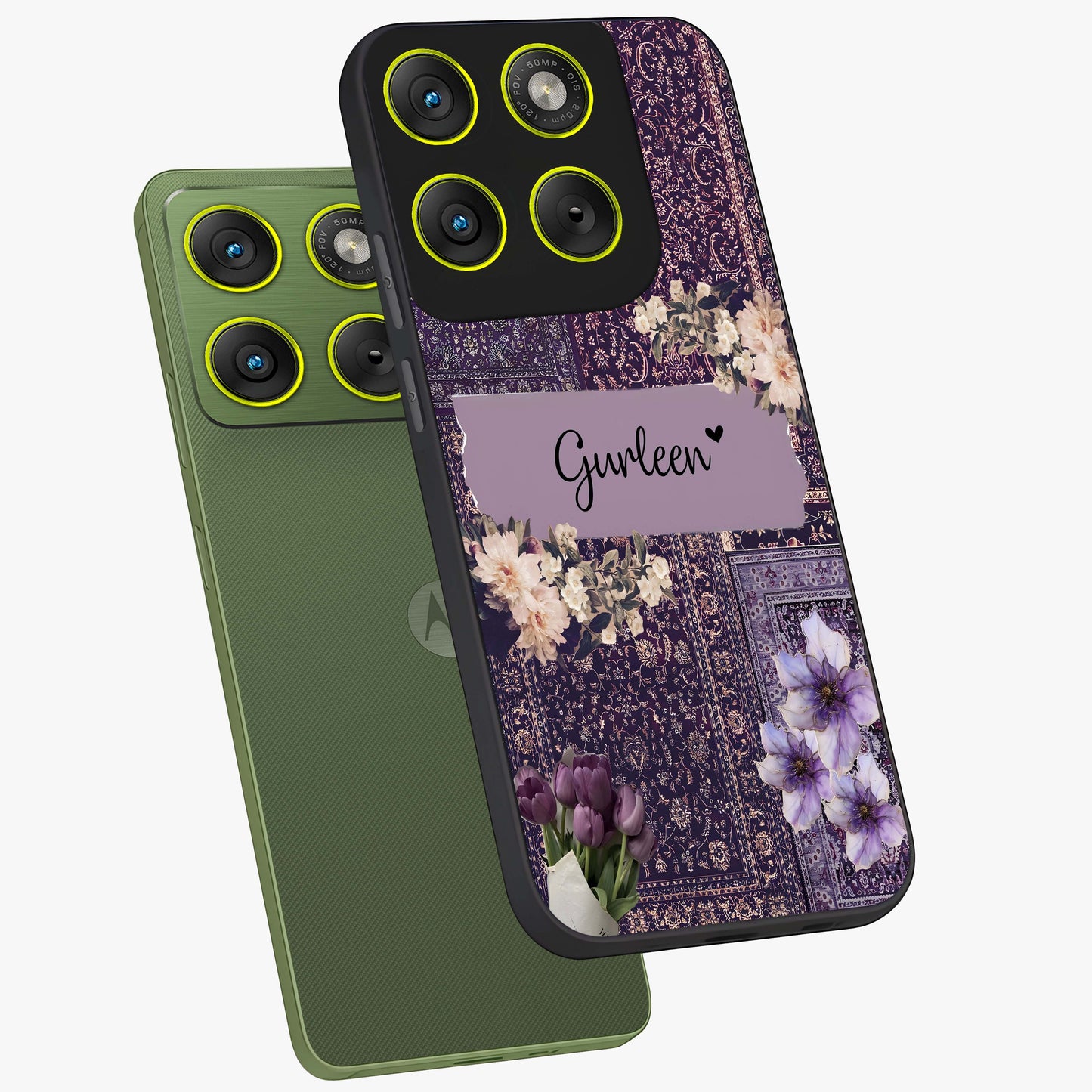 Antique Floral Whisper Custom Name Glass Case displayed in angled mockup highlighting elegant antique floral aesthetic.