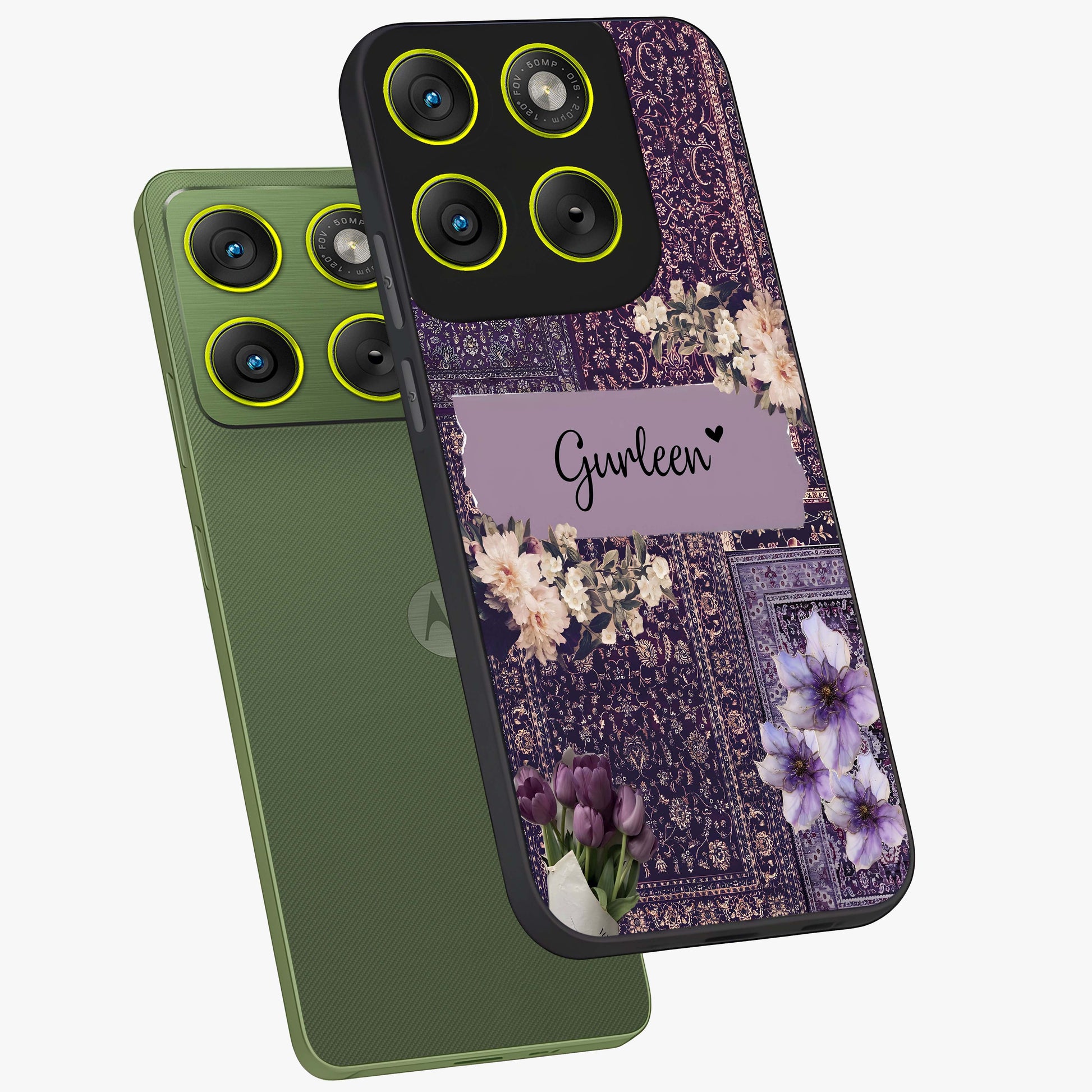 Antique Floral Whisper Custom Name Glass Case displayed in angled mockup highlighting elegant antique floral aesthetic.