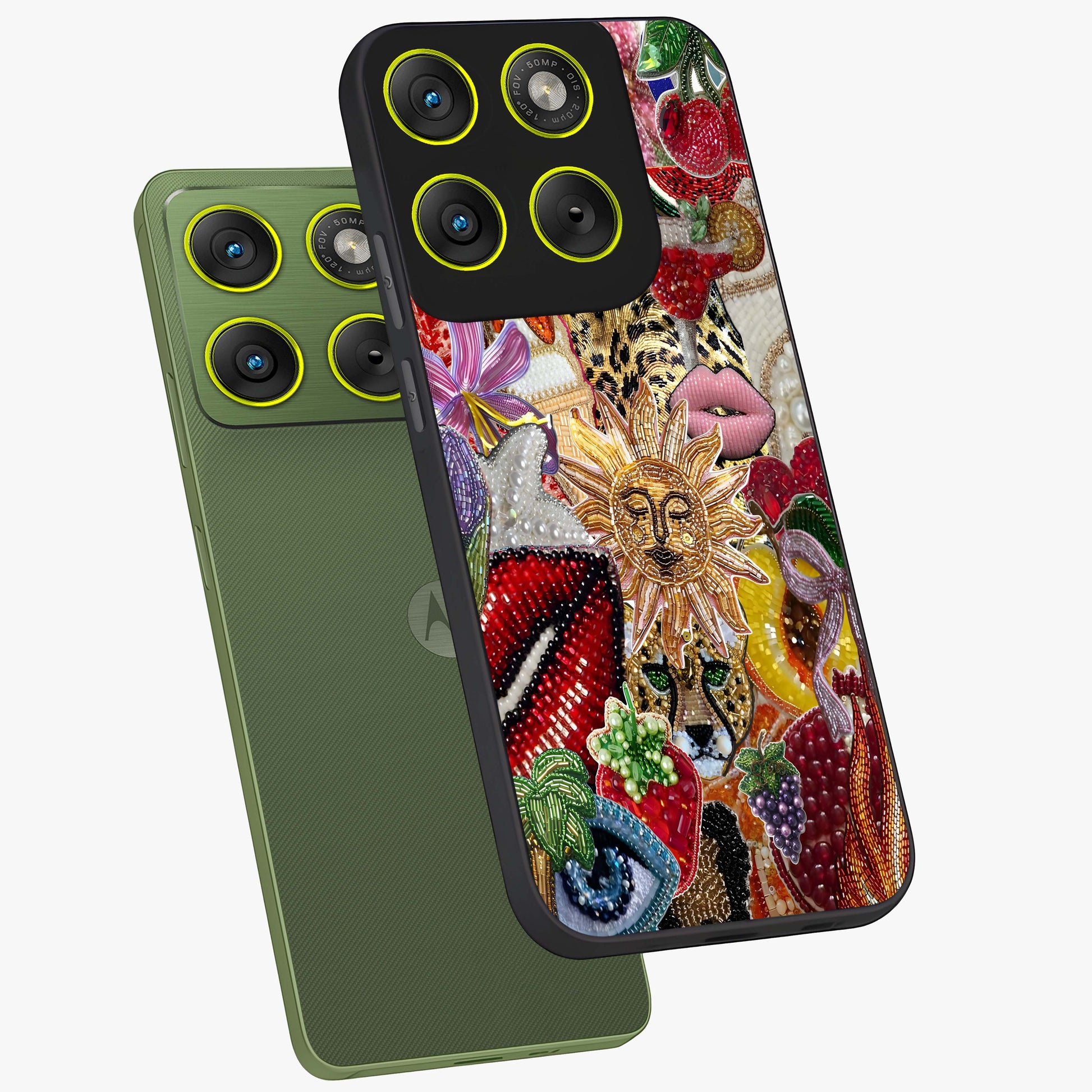 Beaded Fashion Jungle Glass Case displayed in angled mockup highlighting colorful fashion bead design and artistic pattern.