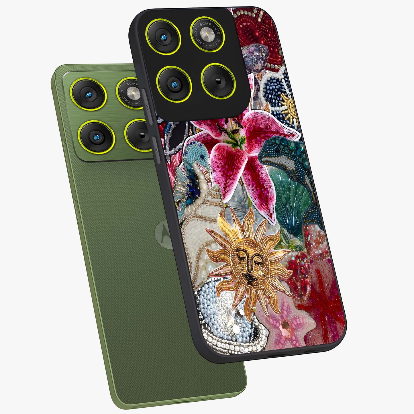 Beaded Garden Fantasy Glass Case displayed in angled mockup highlighting fantasy inspired floral bead pattern.