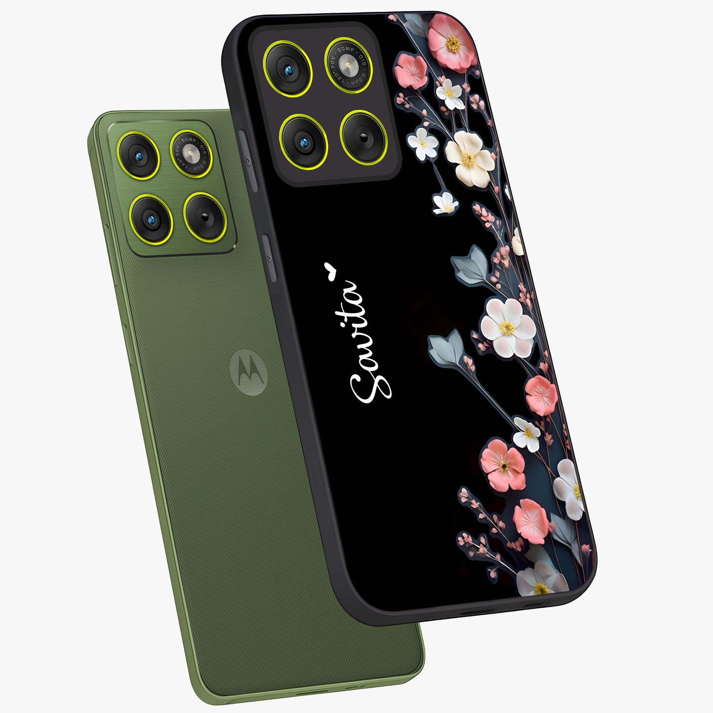 Black Elegance Floral Custom Name Glass Case displayed in angled mockup highlighting dark floral aesthetic and custom name feature.