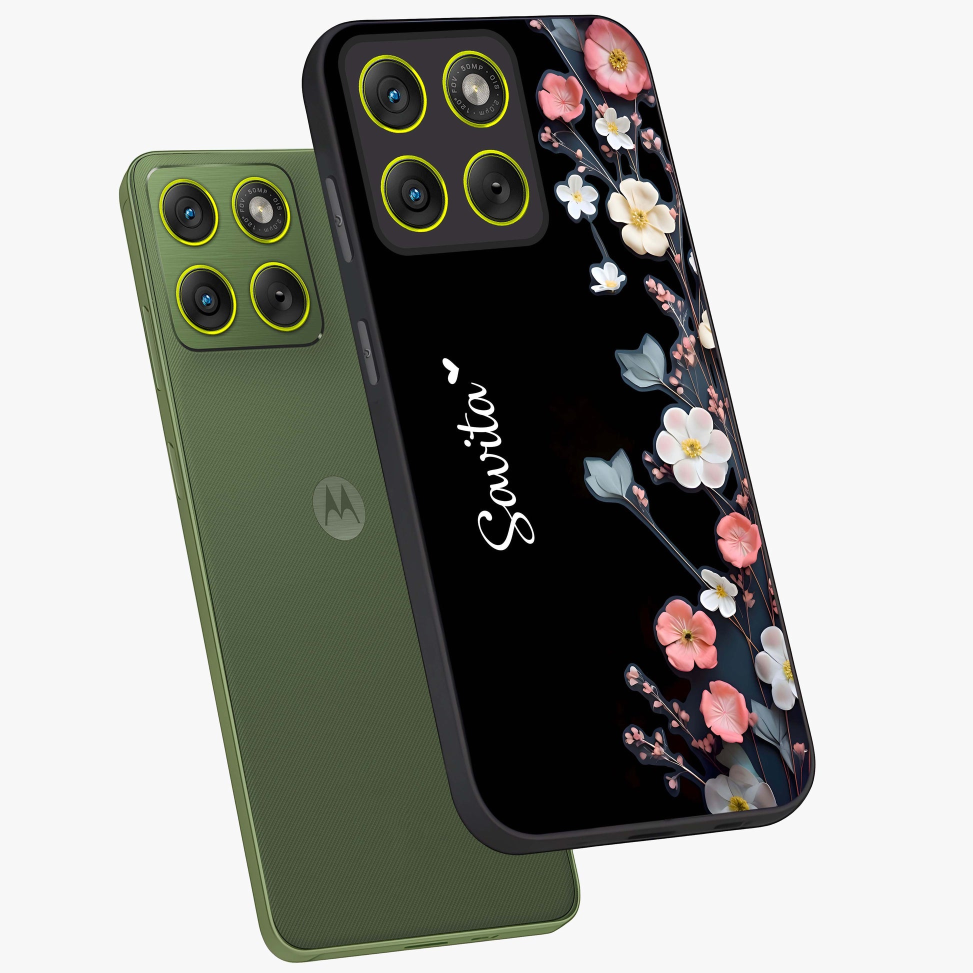 Black Elegance Floral Custom Name Glass Case displayed in angled mockup highlighting dark floral aesthetic and custom name feature.