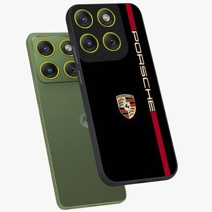Black Minimal Porsche Glass Case displayed in angled mockup highlighting modern minimal car illustration and clean aesthetic design.