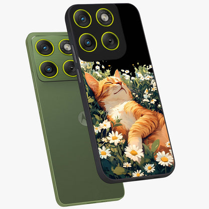Blissful Bloom Cat Glass Case displayed in angled mockup highlighting playful feline illustration with soft floral aesthetic.