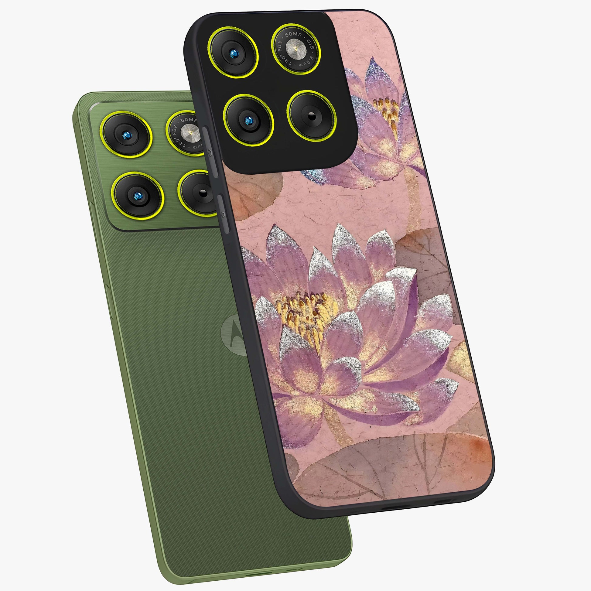 Blossom Mist Lotus Glass Case displayed in angled mockup highlighting delicate lotus illustration with calm aesthetic theme.