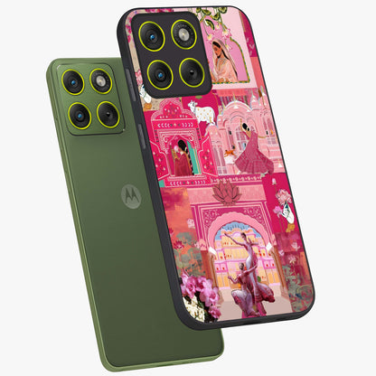 Blossoms of Rajasthan Glass Case displayed in angled mockup highlighting vibrant floral pattern with cultural aesthetic style.