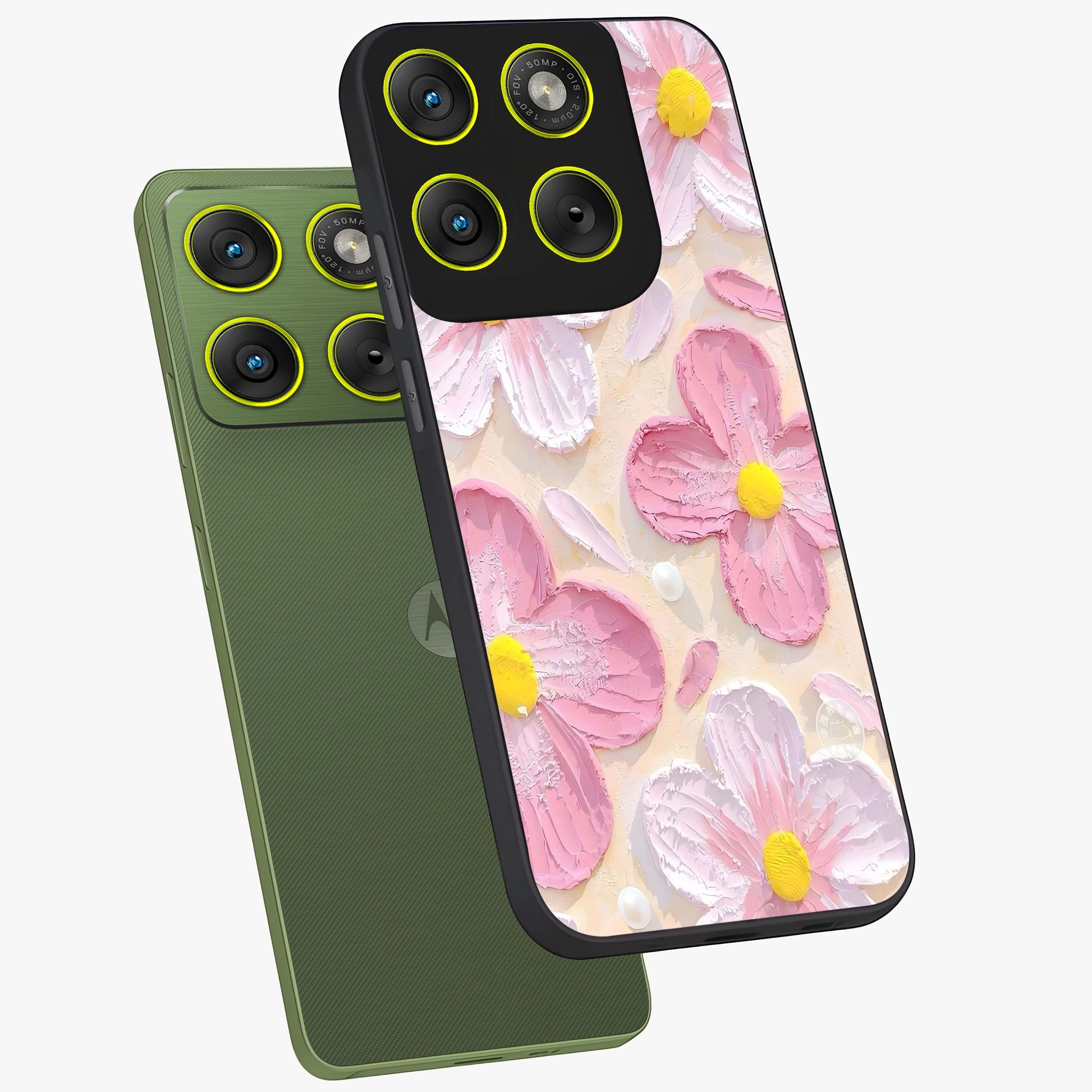 Blush Bloom Texture Glass Case displayed in angled mockup highlighting subtle bloom pattern with aesthetic pastel design.