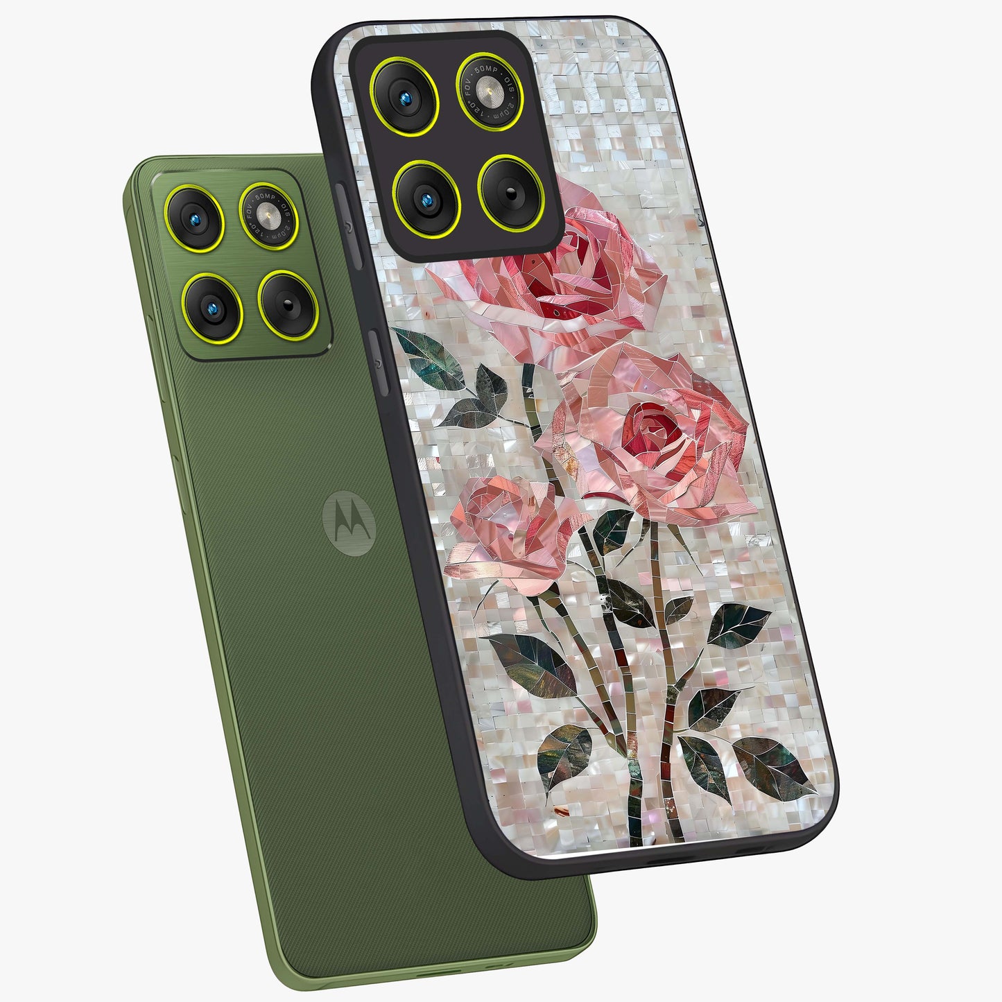 Blush Mosaic Bloom Glass Case displayed in angled mockup highlighting artistic mosaic flower pattern with aesthetic design.