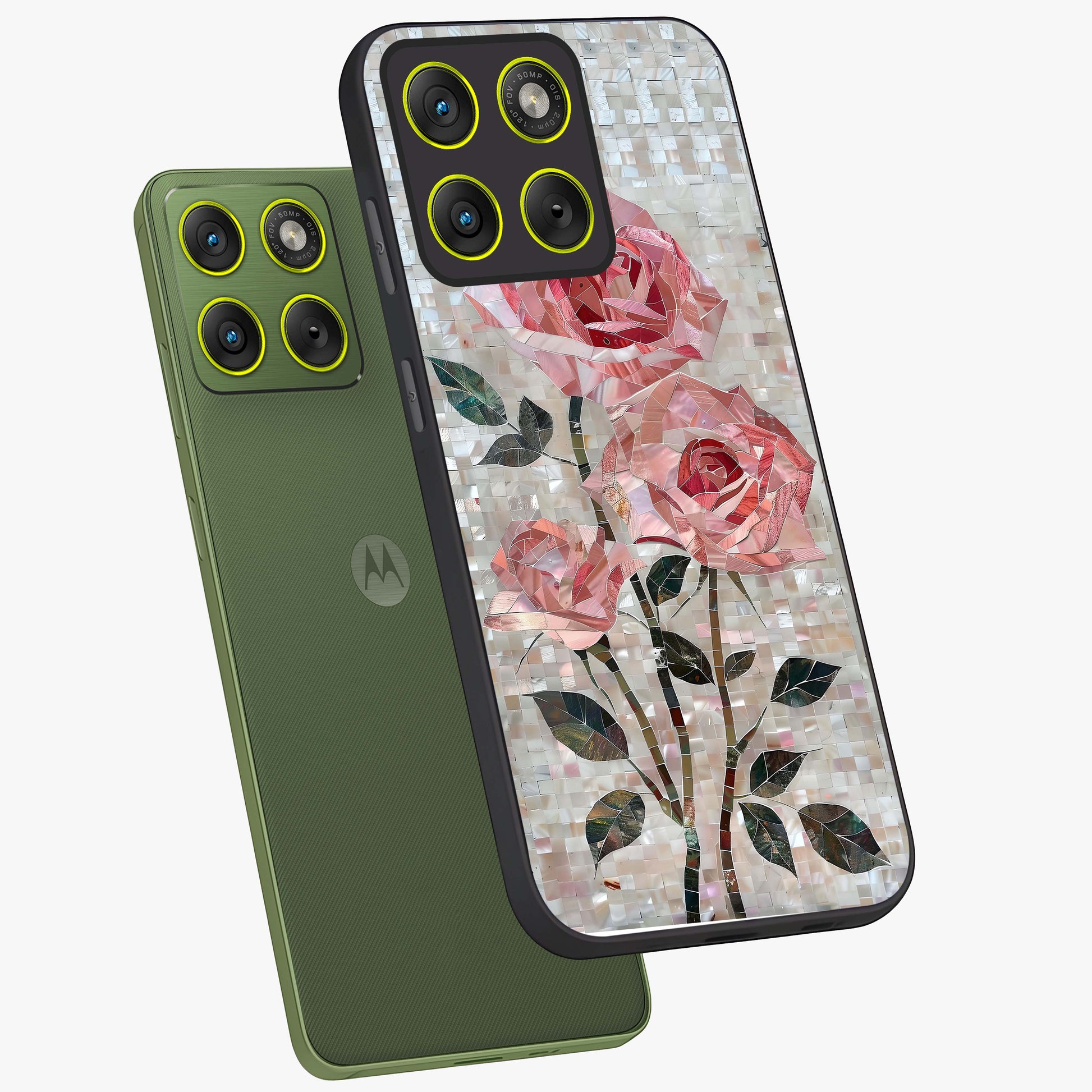 Blush Mosaic Bloom Glass Case displayed in angled mockup highlighting artistic mosaic flower pattern with aesthetic design.
