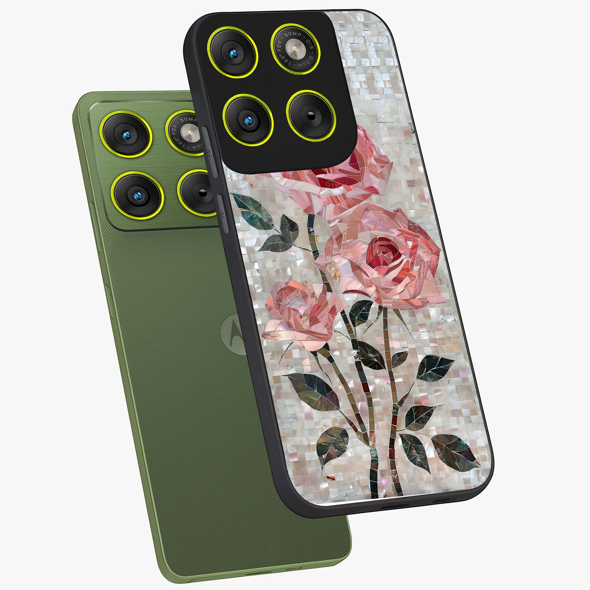Blush Mosaic Bloom Glass Case displayed in angled mockup highlighting artistic mosaic flower pattern with aesthetic design.