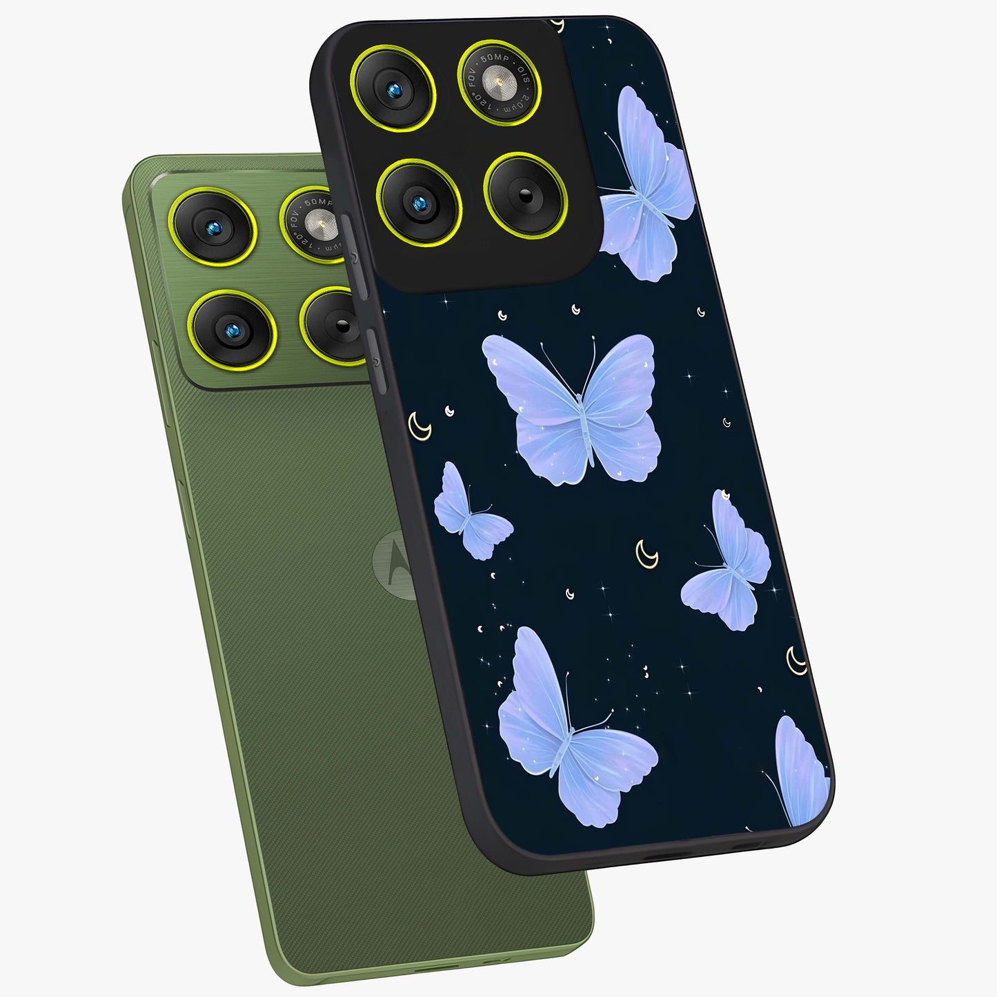 Butterfly With Stars Pattern Glass Case displayed in angled mockup highlighting dreamy butterfly and star design with aesthetic theme.