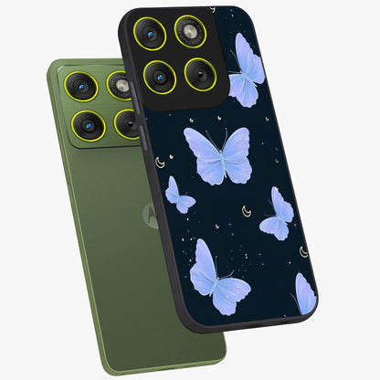 Butterfly With Stars Pattern Glass Case displayed in angled mockup highlighting dreamy butterfly and star design with aesthetic theme.