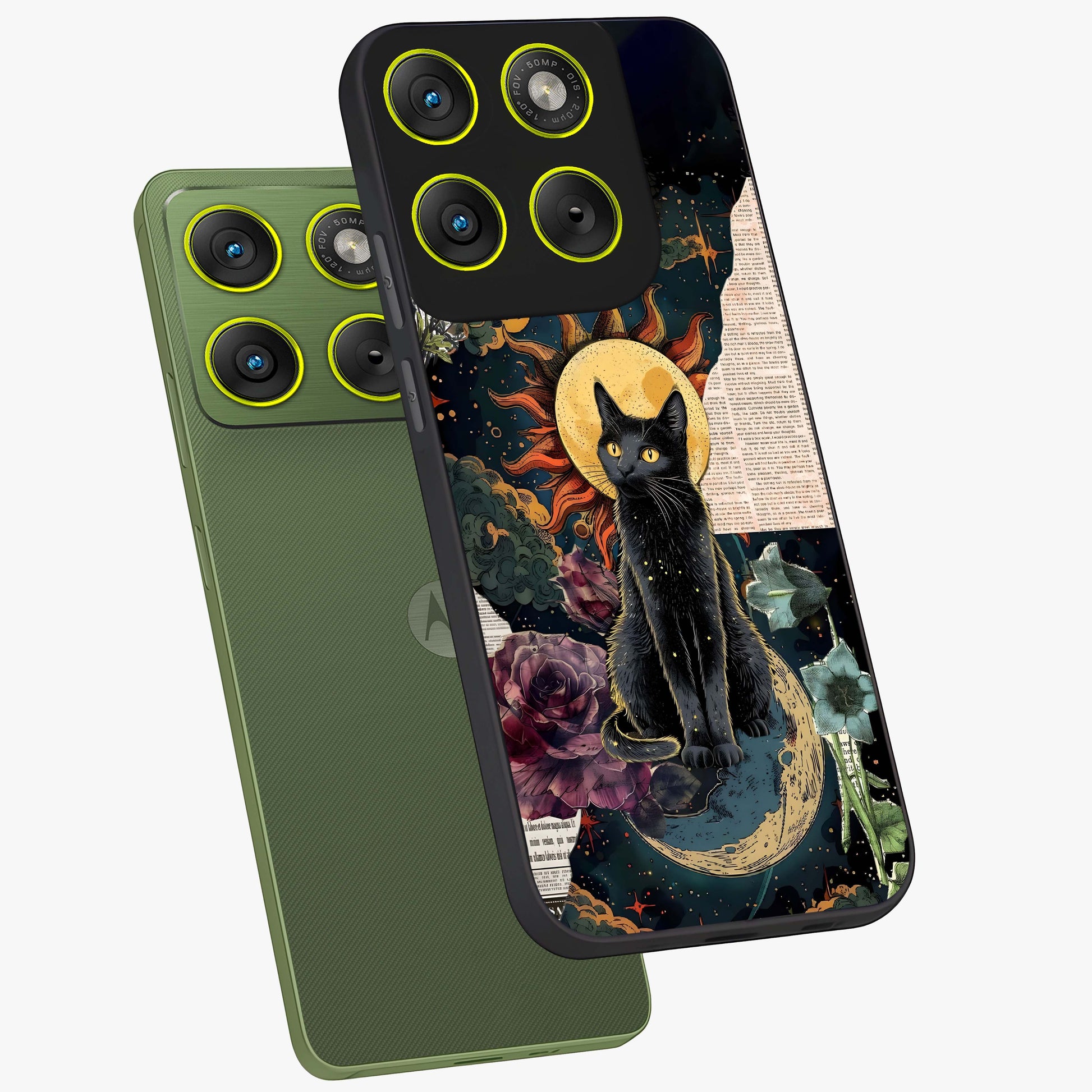 Celestial Black Cat Glass Case displayed in angled mockup highlighting cosmic black cat design with celestial aesthetic.