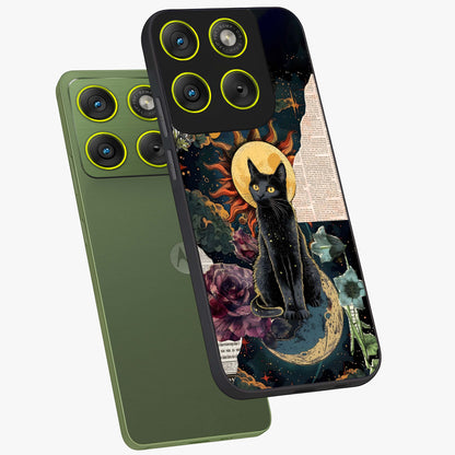 Celestial Black Cat Glass Case displayed in angled mockup highlighting cosmic black cat design with celestial aesthetic.