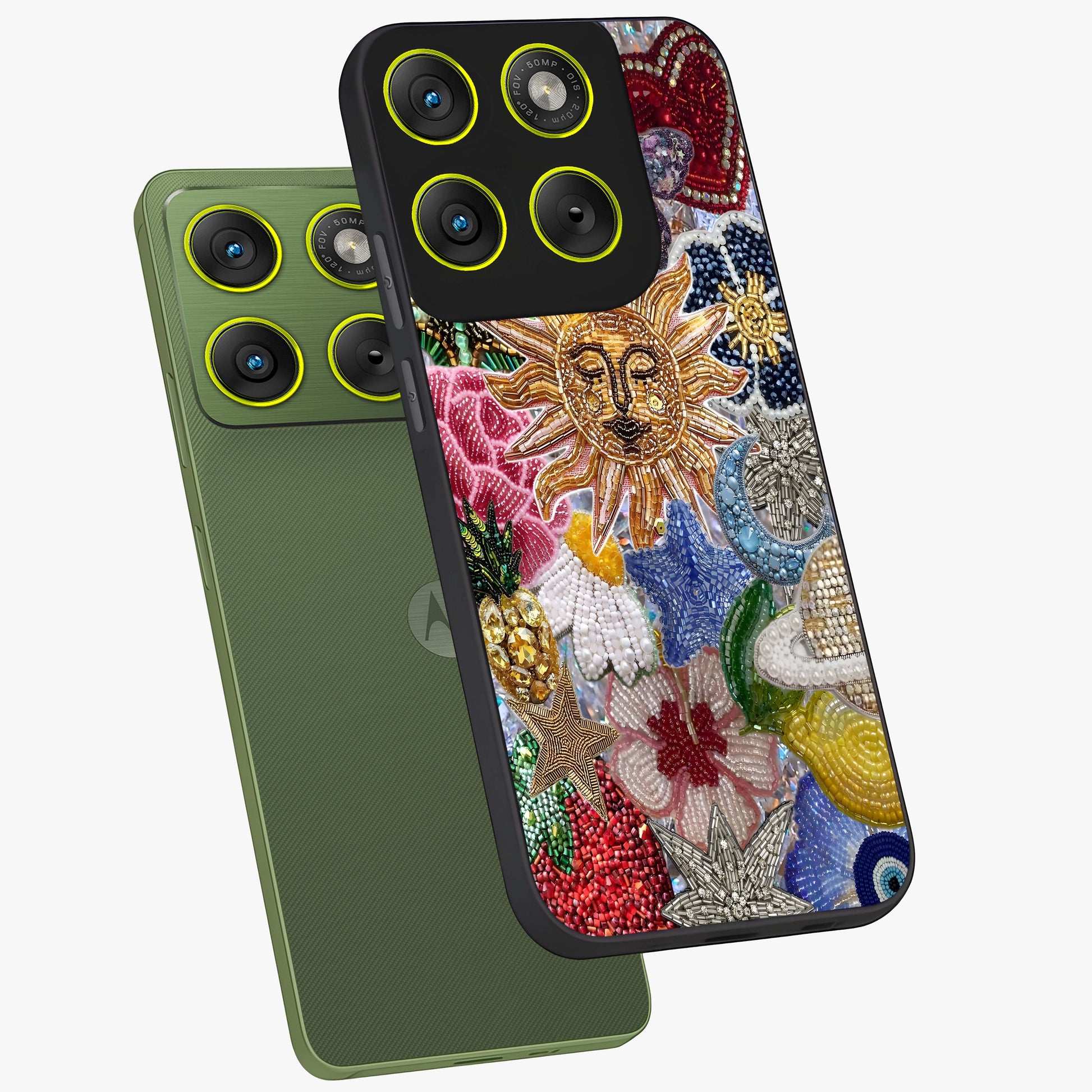 Celestial Floral and Playful Glass Case displayed in angled mockup highlighting playful floral design with dreamy celestial elements.
