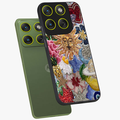 Celestial Floral and Playful Glass Case displayed in angled mockup highlighting playful floral design with dreamy celestial elements.