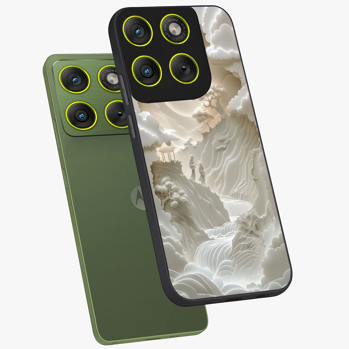 Celestial Origami Glass Case displayed in angled mockup highlighting geometric origami design with cosmic aesthetic theme.