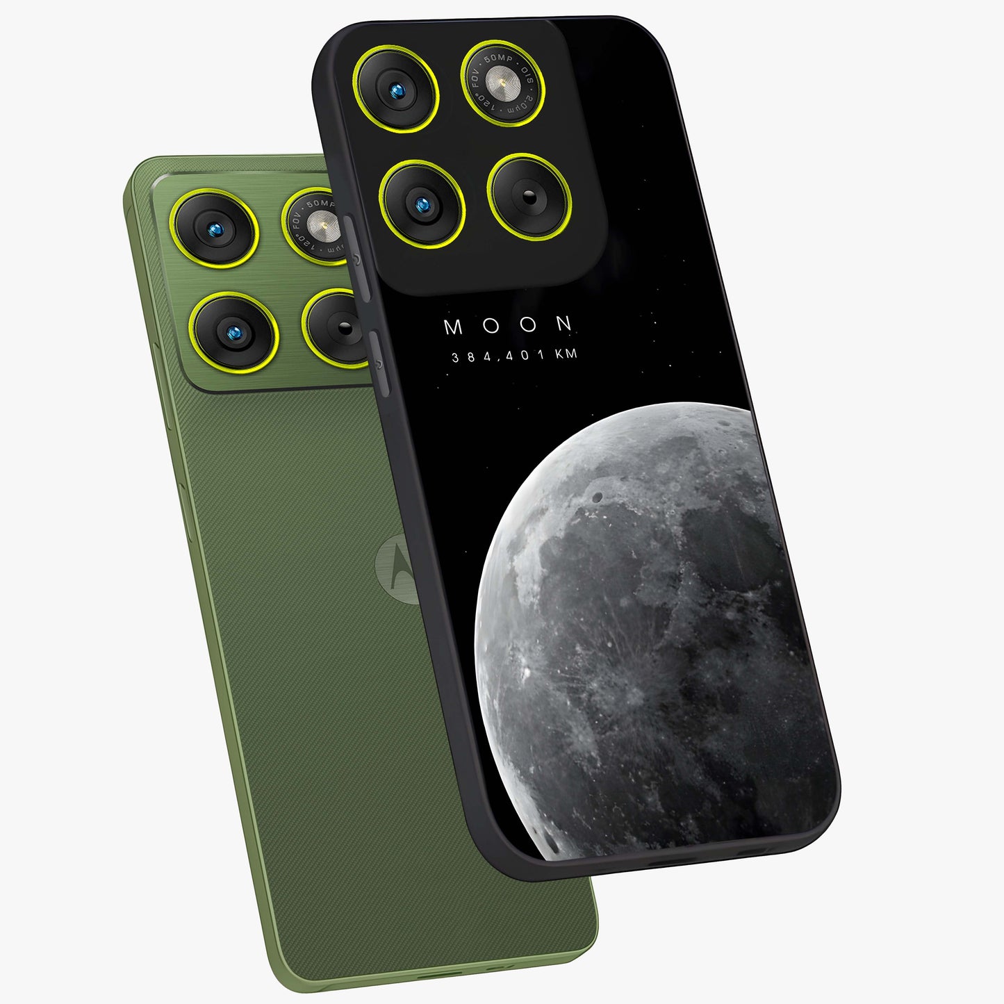 Cosmic Moon Glow Glass Case displayed in angled mockup highlighting celestial moon design with cosmic aesthetic theme.
