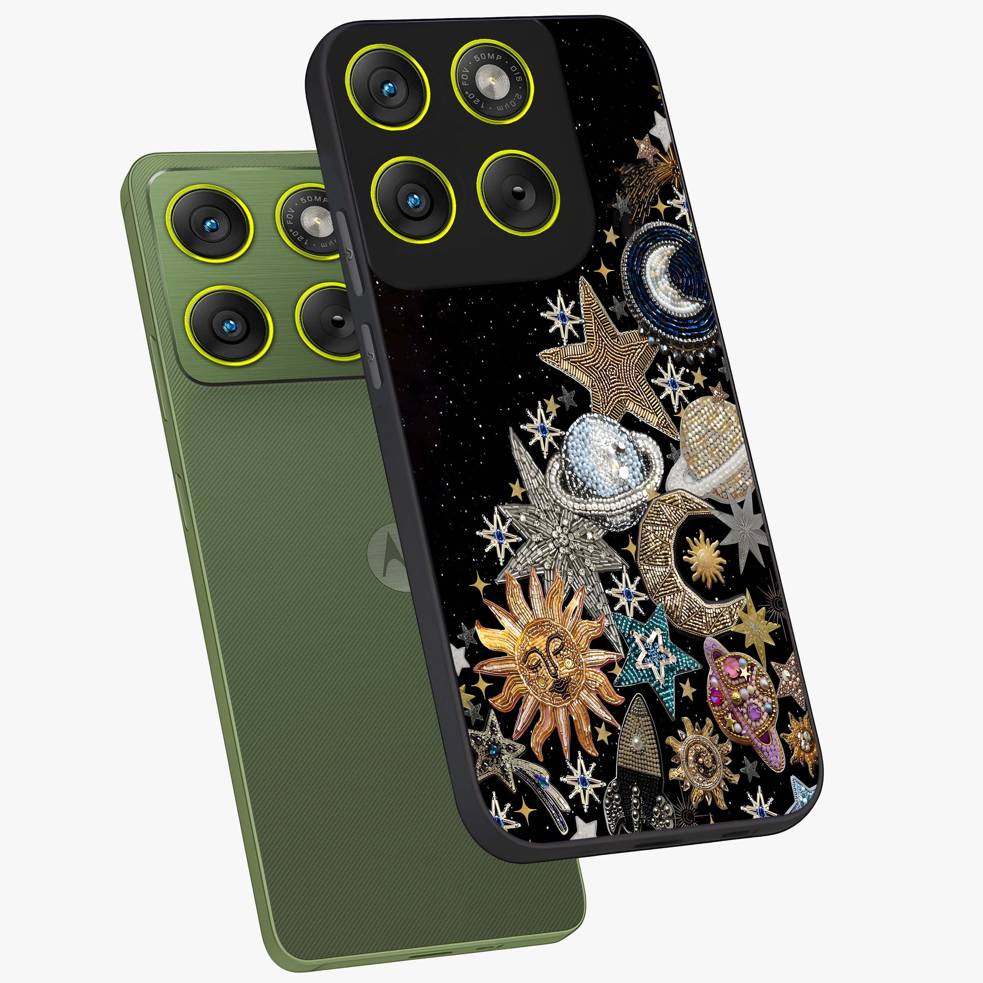 Cosmic Sparkle Dreams Glass Case displayed in angled mockup highlighting dreamy star sparkle design with celestial aesthetic.
