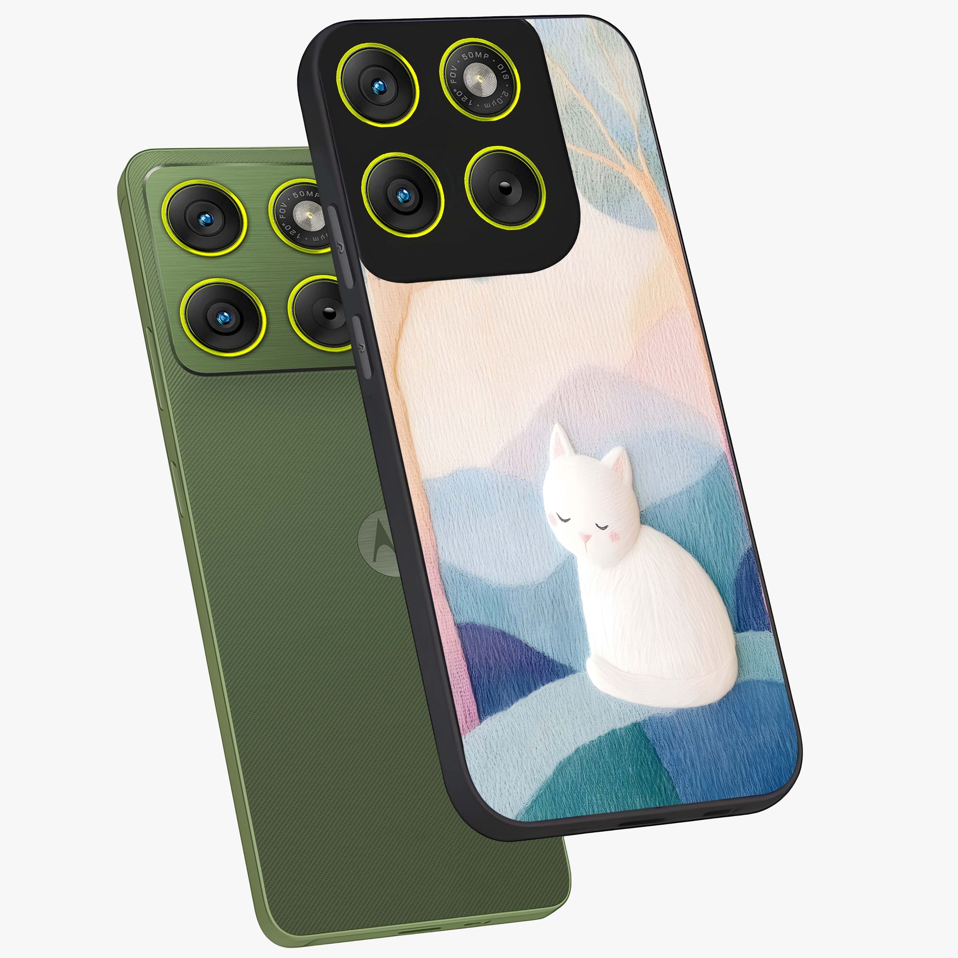 Cotton Dream Cat Glass Case displayed in angled mockup highlighting cute feline illustration with pastel aesthetic style.