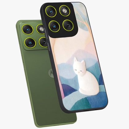 Cotton Dream Cat Glass Case displayed in angled mockup highlighting cute feline illustration with pastel aesthetic style.