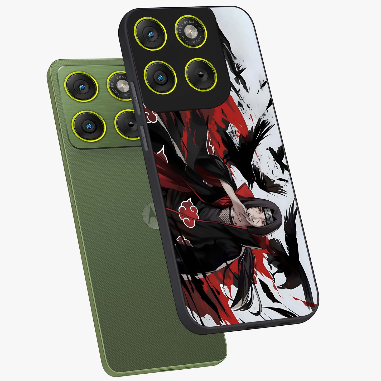 Crimson Crow Illusion Glass Case displayed in angled mockup highlighting mysterious crow graphic with dark aesthetic style.