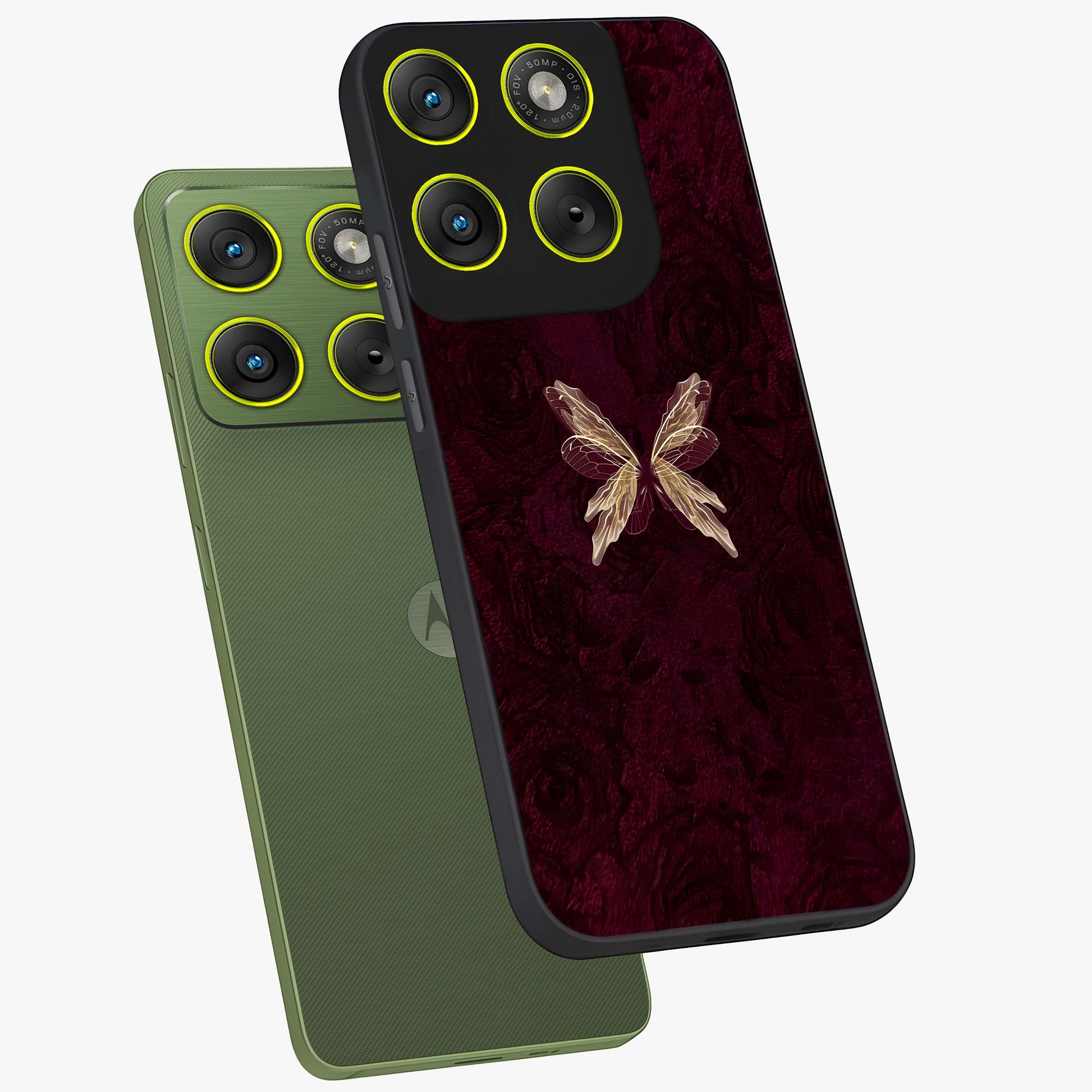 Crimson Fade Butterfly Glass Case displayed in angled mockup highlighting elegant butterfly design with crimson gradient aesthetic.