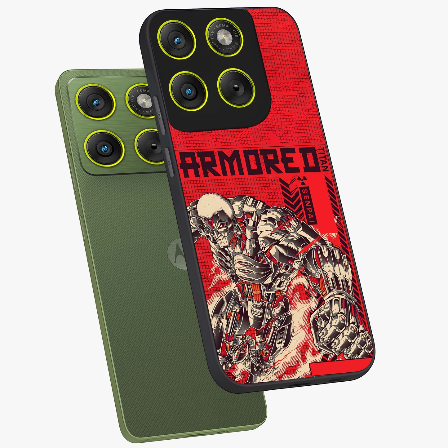 Crimson Mecha Titan Glass Case displayed in angled mockup highlighting futuristic mech illustration with bold crimson aesthetic.