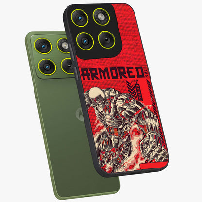 Crimson Mecha Titan Glass Case displayed in angled mockup highlighting futuristic mech illustration with bold crimson aesthetic.