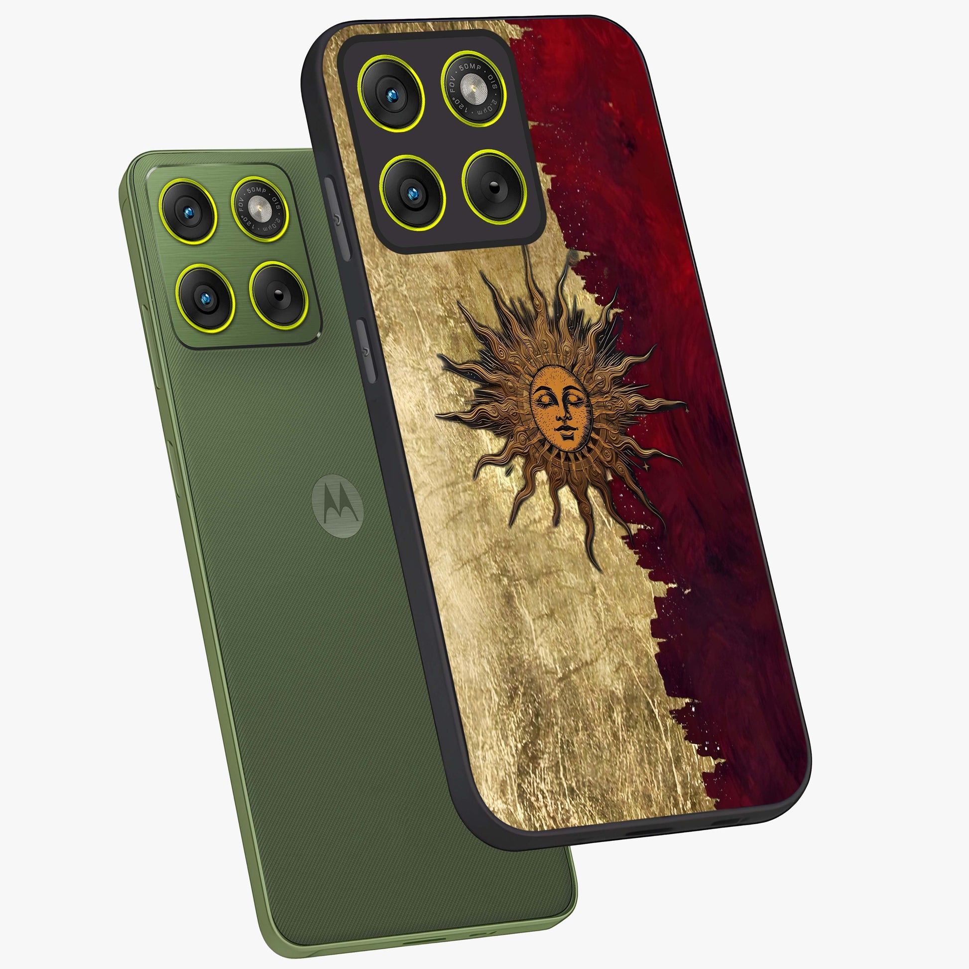 Crimson Sun Majesty Glass Case displayed in angled mockup highlighting majestic crimson sun design with bold aesthetic style.