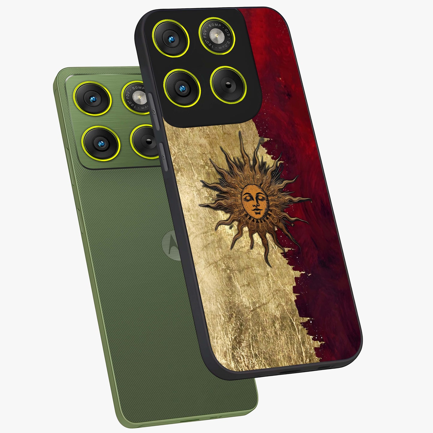 Crimson Sun Majesty Glass Case displayed in angled mockup highlighting majestic crimson sun design with bold aesthetic style.