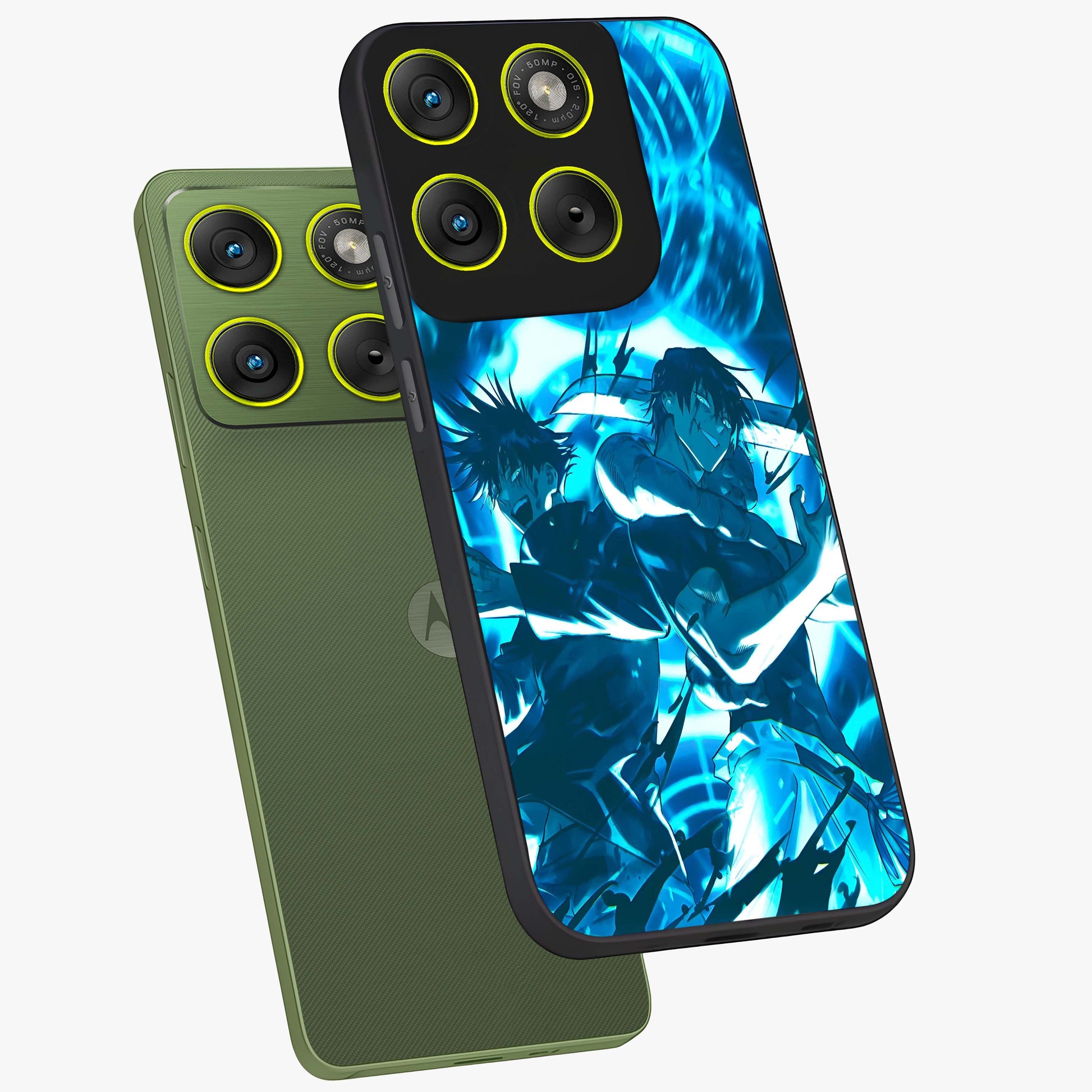 Cursed Energy Clash Glass Case displayed in angled mockup highlighting powerful battle inspired graphic with anime style aesthetic.