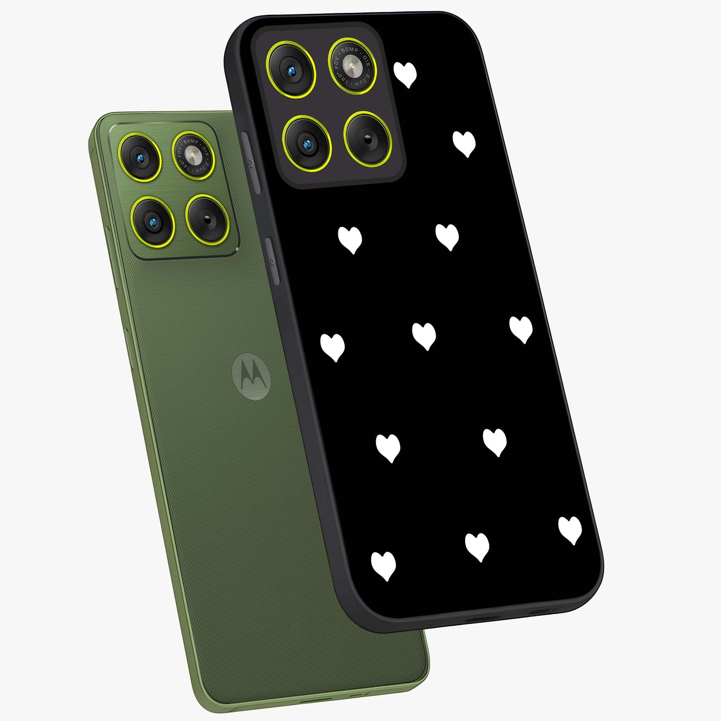 Cute And Simple White Hearts Glass Case displayed in angled mockup highlighting cute heart design with clean aesthetic style.
