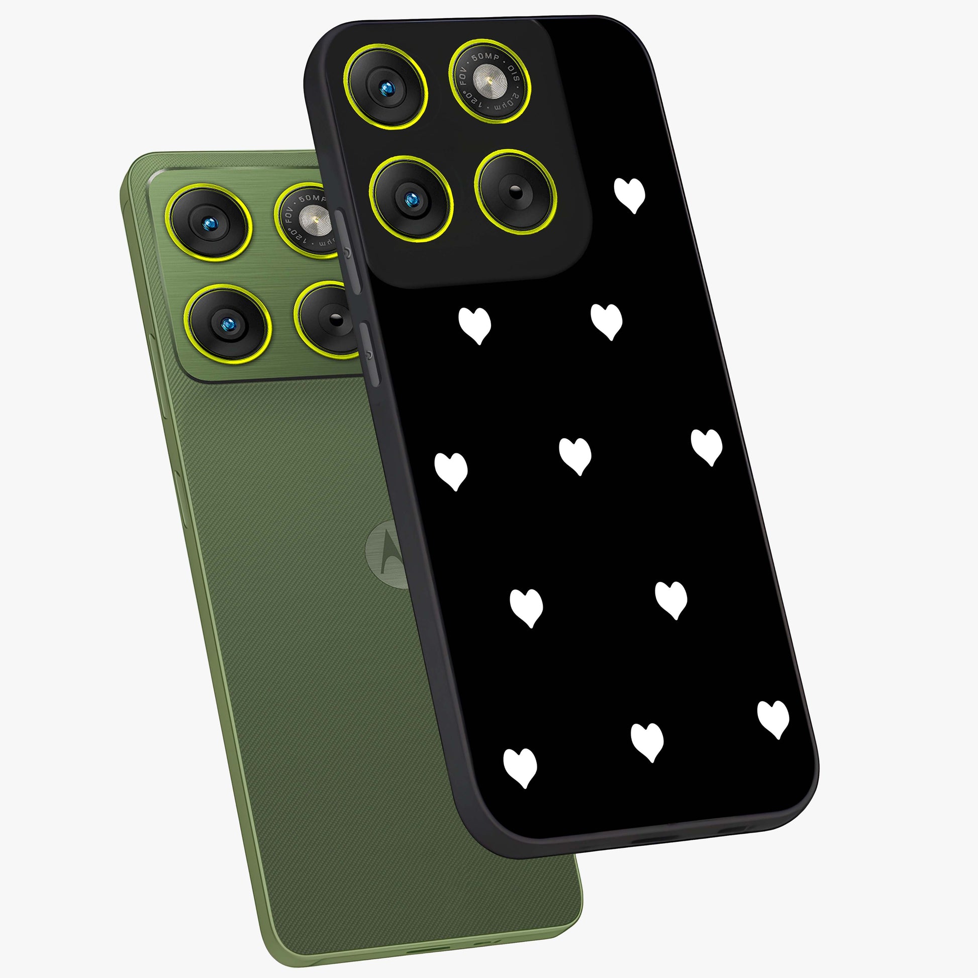 Cute And Simple White Hearts Glass Case displayed in angled mockup highlighting cute heart design with clean aesthetic style.