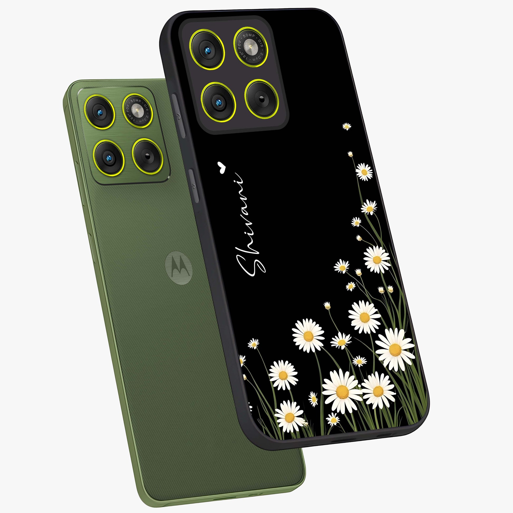 Daisy Cascade Custom Name Glass Case displayed in angled mockup highlighting delicate daisy artwork with custom name feature.