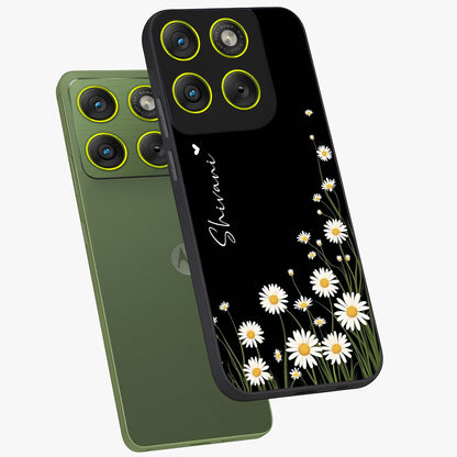 Daisy Cascade Custom Name Glass Case displayed in angled mockup highlighting delicate daisy artwork with custom name feature.