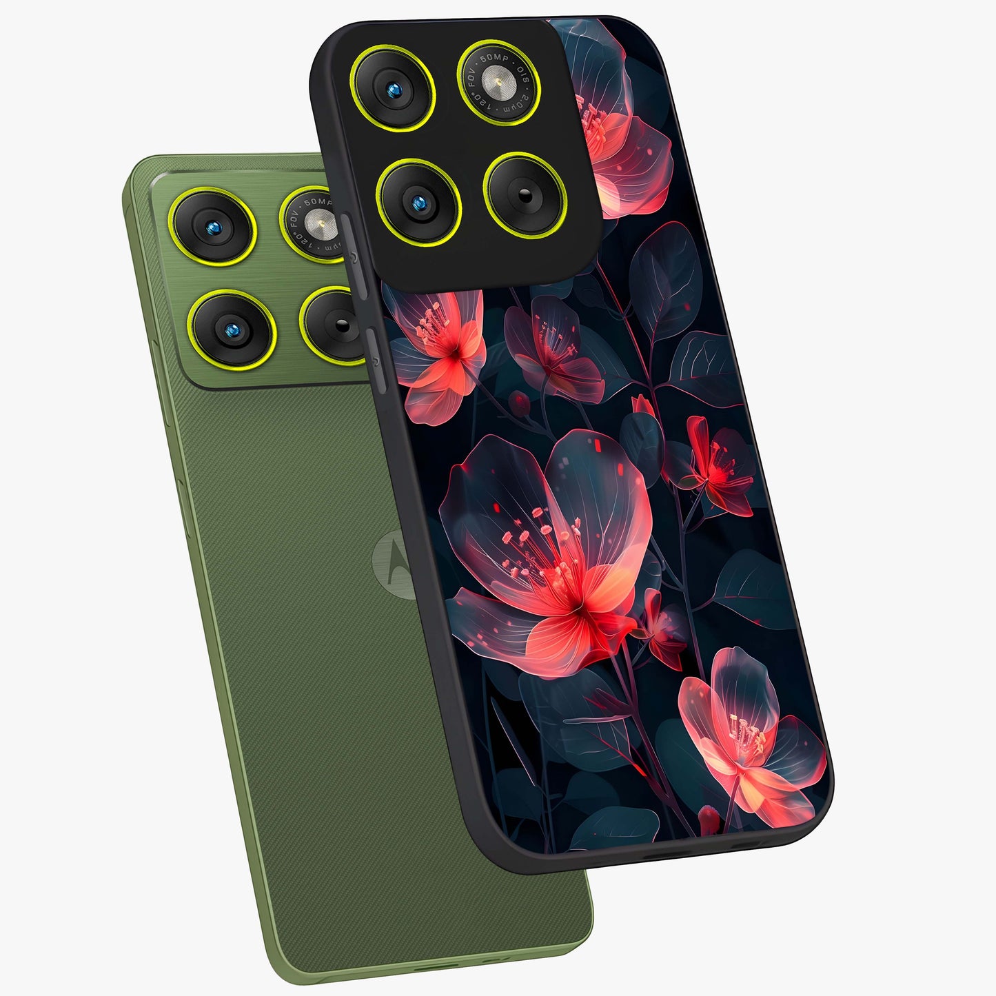 Dark Shade of Flower Glass Case displayed in angled mockup highlighting moody floral illustration with aesthetic dark tones.
