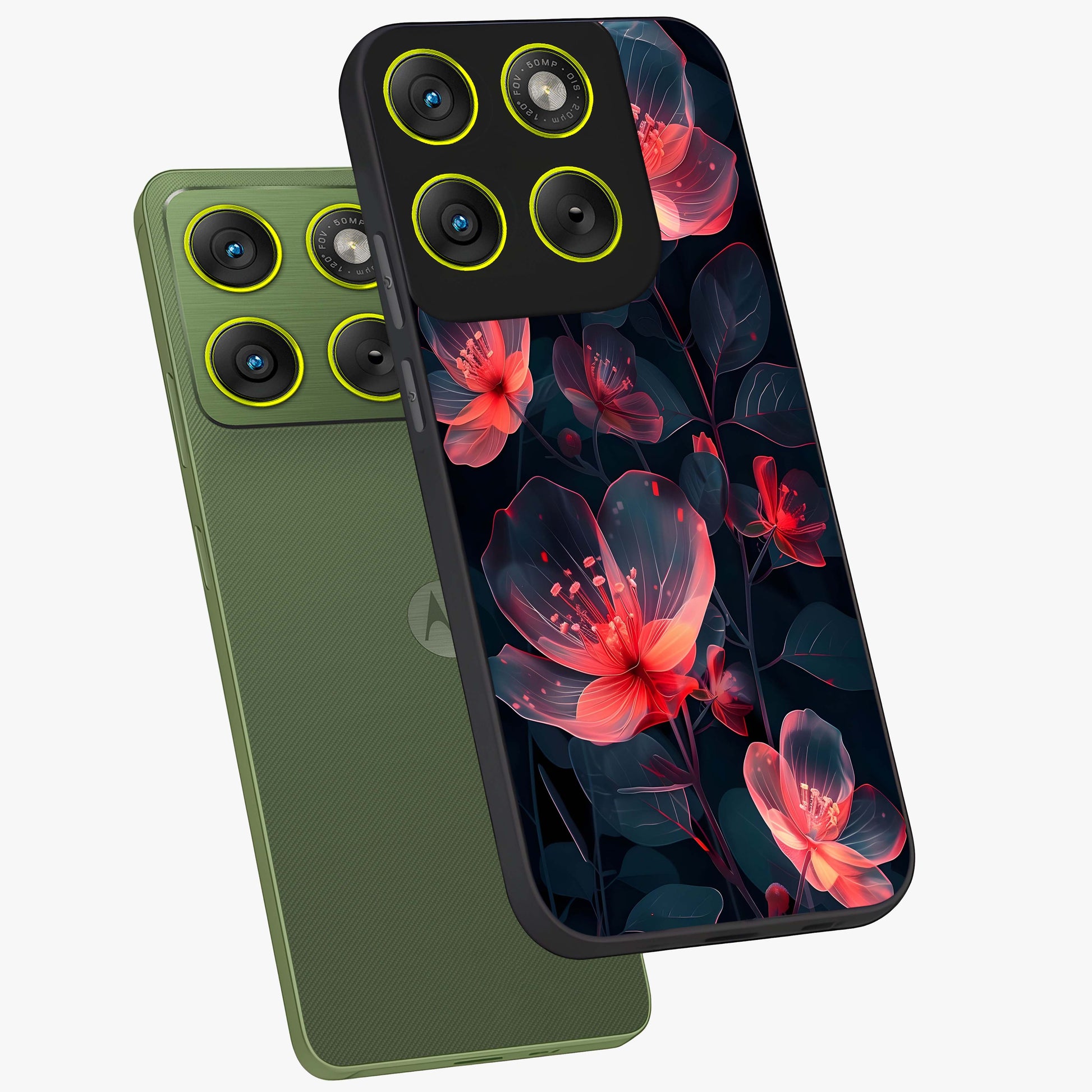 Dark Shade of Flower Glass Case displayed in angled mockup highlighting moody floral illustration with aesthetic dark tones.