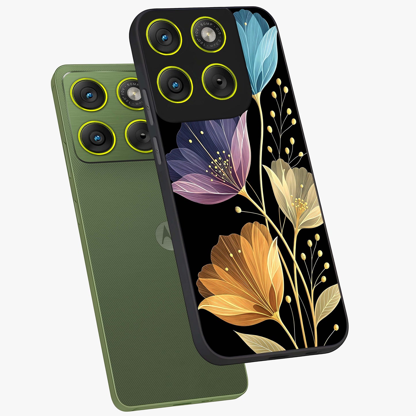 Delicate Multicolor Flowers Glass Case displayed in angled mockup highlighting colorful flower pattern with soft aesthetic style.