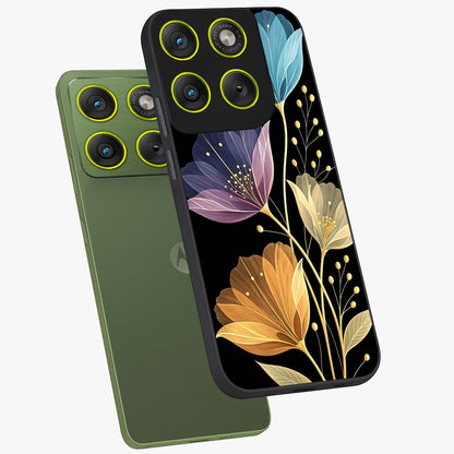 Delicate Multicolor Flowers Glass Case displayed in angled mockup highlighting colorful flower pattern with soft aesthetic style.